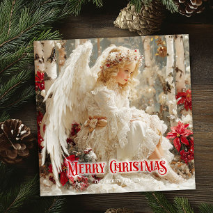 Festiva Tarjeta elegante de ángel rojo poinsettias retro a