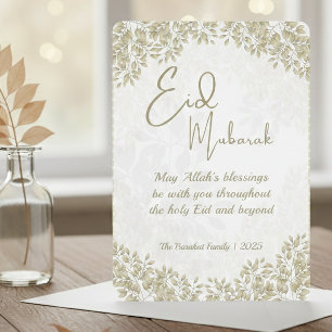Festiva Tarjeta elegante de Eid floral blanca y gris Feliz