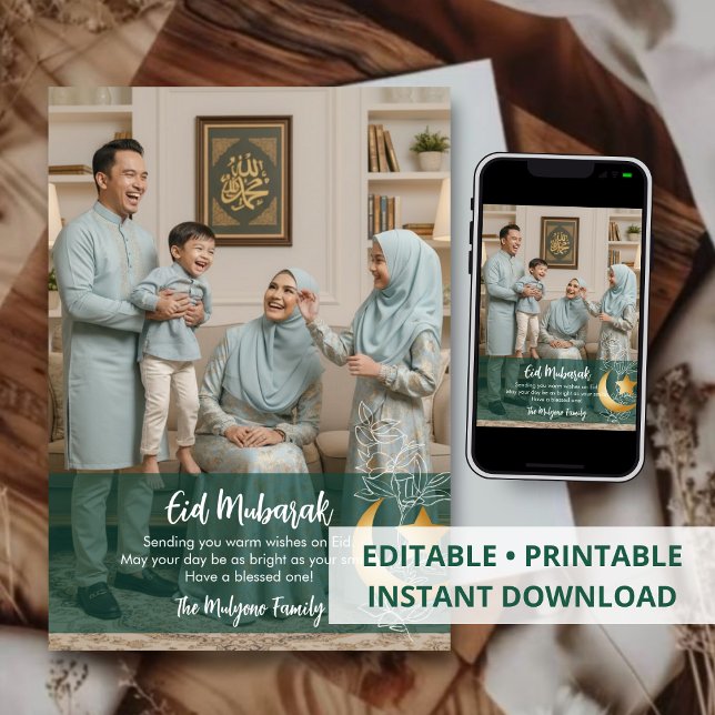 Festiva Tarjeta elegante de Eid Mubarak con flores verdes  (Subido por el creador)