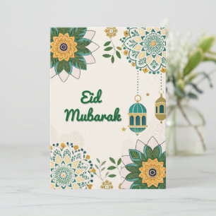 Festiva Tarjeta elegante de Eid Mubarak con linternas y fl