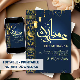 Festiva Tarjeta elegante de Eid Mubarak en azul marino y d