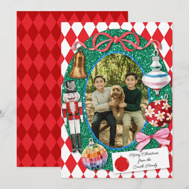 Festiva Tarjeta falsa de adornos navideños para Purpurinas (Anverso / Reverso)