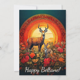 Festiva Tarjeta Feliz Beltane Ciervo y Liebre