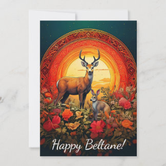 Festiva Tarjeta Feliz Beltane Ciervo y Liebre