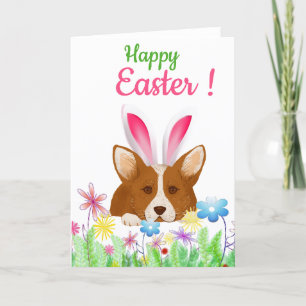 Festiva Tarjeta feliz de Pascua   Corgi con pera de conejo