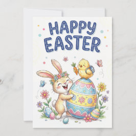 Festiva Tarjeta Feliz Pascua Conejito y Pollito Lindo