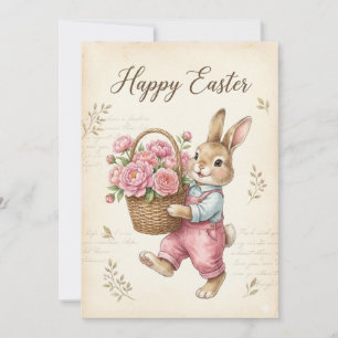 Festiva Tarjeta Feliz Pascua - Conejo con Cesta Rosa