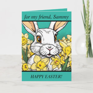 Festiva Tarjeta Feliz Pascua. Conejo de Pascua. Texto edit