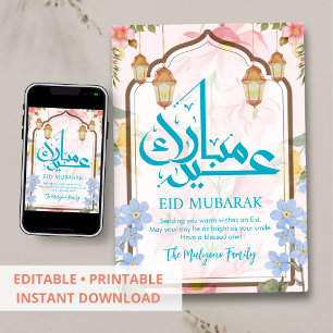 Festiva Tarjeta floral de Eid Mubarak con acuarela azul y