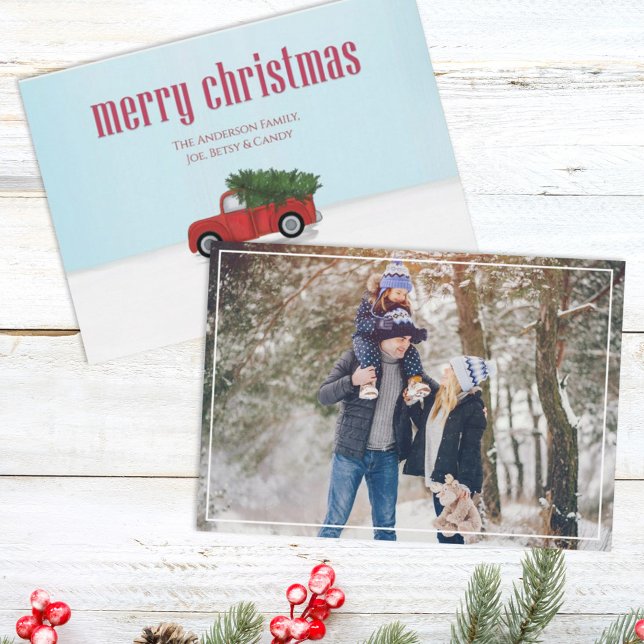 Festiva Tarjeta fotográfica 1 de Vintage Red Truck (Merry Christmas holiday photo card with a rustic red truck on the backside. )