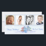 Festiva Tarjeta fotográfica azul Snowmen<br><div class="desc">Esta tarjeta fotográfica de vacaciones incluye familia de muñecos de nieve sobre fondo azul de copo de nieve y 4 puntos para tus fotos. Fácil de insertar su propia foto y elección de saludo.</div>