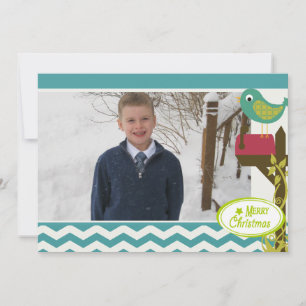 Festiva Tarjeta fotográfica Bird Blue Chevron Stripe Holid