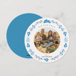 Festiva Tarjeta fotográfica Blue Bunny Folk Art New Year H