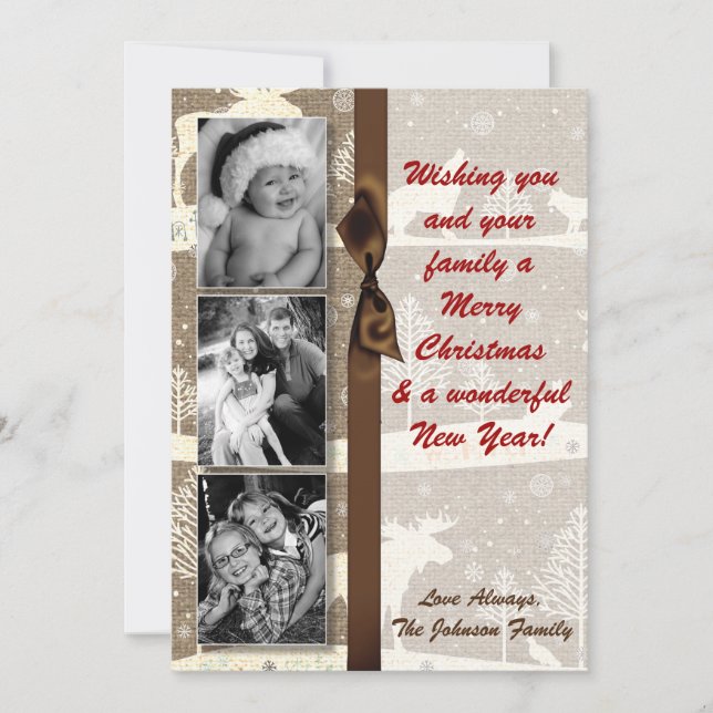 Festiva Tarjeta fotográfica Burlap Deer Doe Buck Navidades (Anverso)