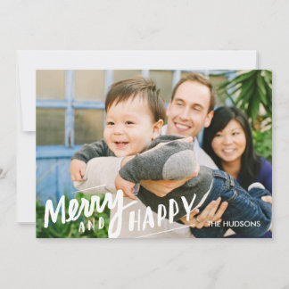 Festiva Tarjeta fotográfica con letras de mano Merry Happy