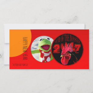 Festiva Tarjeta fotográfica de Año Rooster moderno y rústi