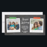 Festiva Tarjeta fotográfica de Chalkboard de doble fotogra<br><div class="desc">Esta moderna y económica tarjeta de vacaciones para Navidades cuenta con dos de tus fotos favoritas en marcos de estilo con cinta de washi estampada en rojo alegre y verde contra un fondo de pizarra. ¡No te olvides de personalizar con tus propias leyendas de fotos, mensajes de texto y apellidos!...</div>