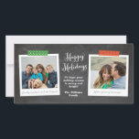Festiva Tarjeta fotográfica de Chalkboard de doble fotogra<br><div class="desc">Esta moderna y económica tarjeta de vacaciones para Navidades cuenta con dos de tus fotos favoritas en marcos de estilo con cinta de washi estampada en rojo alegre y verde contra un fondo de pizarra. ¡No te olvides de personalizar con tus propias leyendas de fotos, mensajes de texto y apellidos!...</div>
