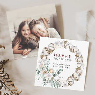 Festiva Tarjeta fotográfica de flor de algodón Wreath Happ