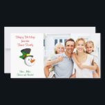 Festiva Tarjeta fotográfica de la familia Snowman<br><div class="desc">Esta tarjeta fotográfica personalizada para Navidades de vacaciones con un divertido muñeco de nieve con la nariz de zanahoria y el gorra se puede personalizar con su propia foto y mensaje digital.</div>