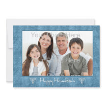 Tarjeta fotográfica de Menorahs azul y blanca