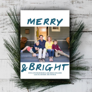 Festiva Tarjeta fotográfica de moda Merry y Bright   Azul