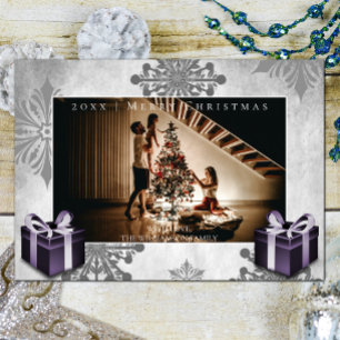 Festiva Tarjeta fotográfica de Navidades morados y copos d