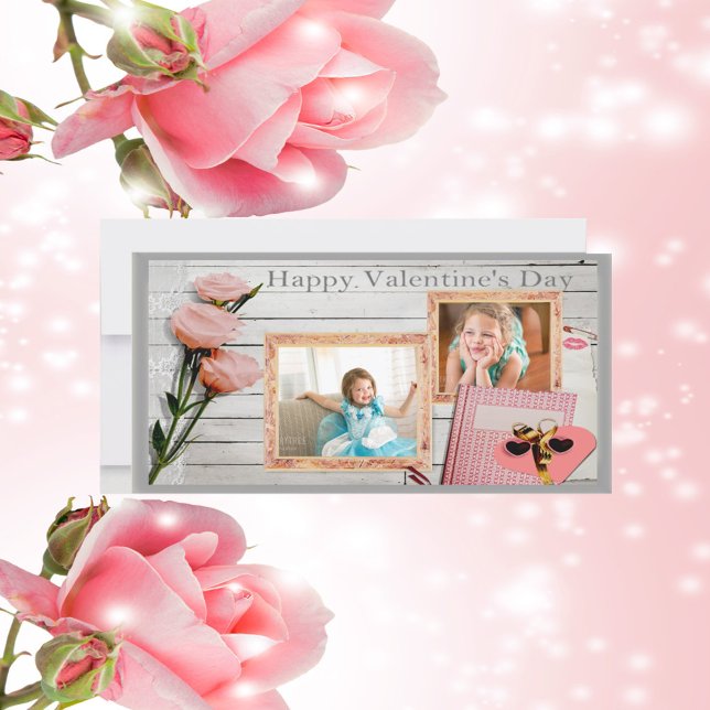 Festiva Tarjeta fotográfica de San Valentín, rosas rosas r (Valentine, Pink Roses, Heart Two Frames Photo Card)