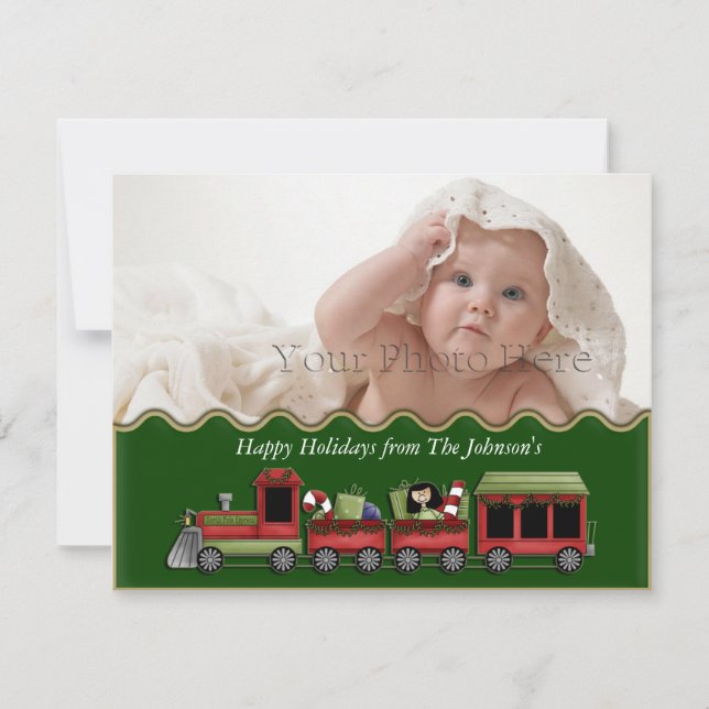 Festiva Tarjeta fotográfica de tren para Navidades verdes (Anverso)