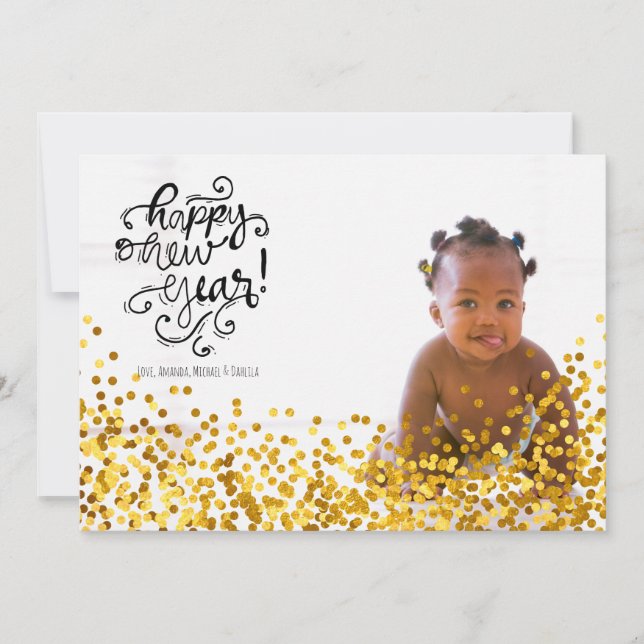 Festiva Tarjeta fotográfica Gold Confetti Happy New Year (Anverso)