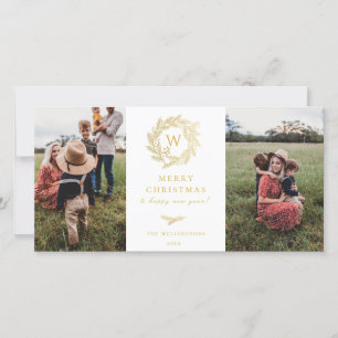 Festiva Tarjeta fotográfica Golden Wreath Monogram Holiday