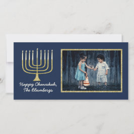 Festiva Tarjeta fotográfica Hanukkah "Elegante Menorah Blu