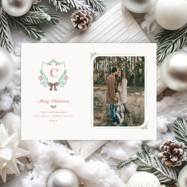 Festiva Tarjeta fotográfica monográfica Escudo (A classic holiday card featuring a watercolor monogram crest and your family photo)