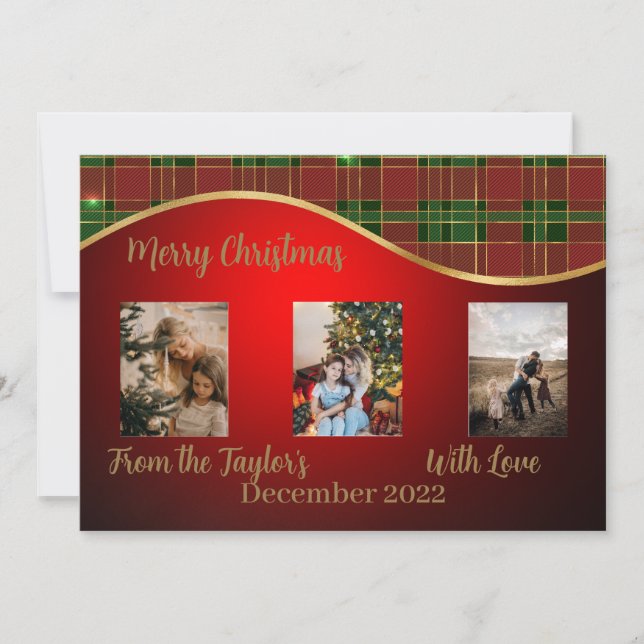 Festiva Tarjeta fotográfica navideña con borde rojo, verde (Anverso)