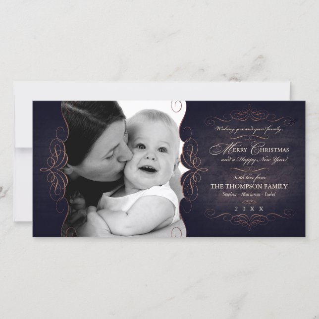 Festiva Tarjeta fotográfica navideña de pergamino vintage (Anverso)