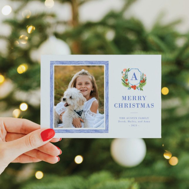 Festiva Tarjeta fotográfica preppy para Escudo de color de (A classic holiday card with a custom family crest accented with watercolor greenery)