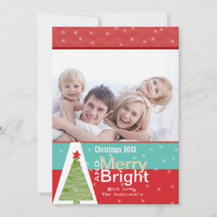 Festiva Tarjeta fotográfica Red Aqua Pine Tree Merry Brigh