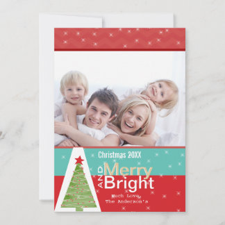Festiva Tarjeta fotográfica Red Aqua Pine Tree Merry Brigh