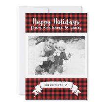 Tarjeta fotográfica Red Buffalo Plaid Happy Holida