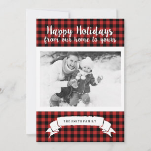 Festiva Tarjeta fotográfica Red Buffalo Plaid Happy Holida