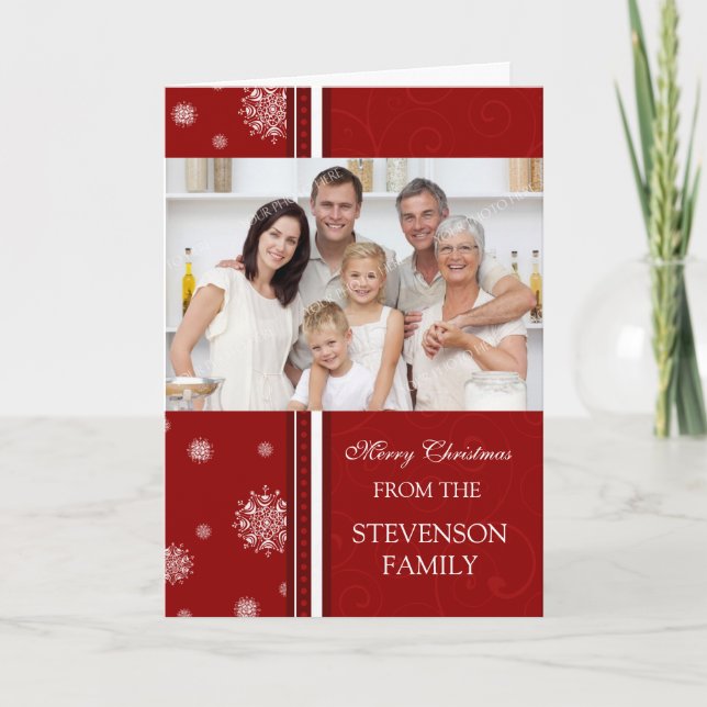 Festiva Tarjeta fotográfica Red Merry Christmas Snflakes (Anverso)