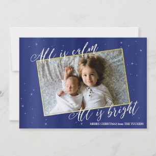 Festiva Tarjeta fotográfica religiosa de Navidad, oro azul
