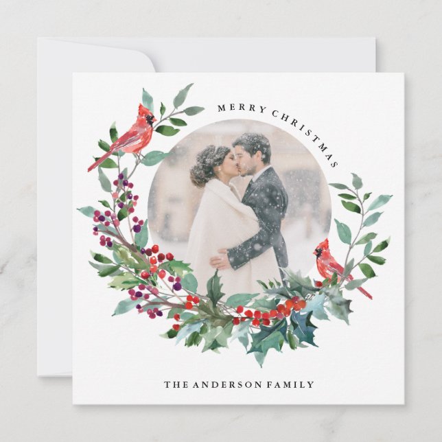 Festiva Tarjeta fotográfica Robin Wreath de vacaciones (Anverso)
