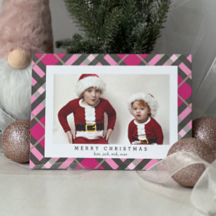 Festiva Tarjeta fotográfica Rosa Green Tartan Plaid para N