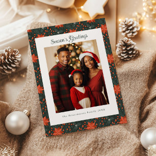 Festiva Tarjeta fotográfica Rustic Forest Green Poinsettia