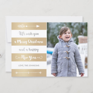 Festiva Tarjeta fotográfica Silver y Gold Stripe Merry Chr