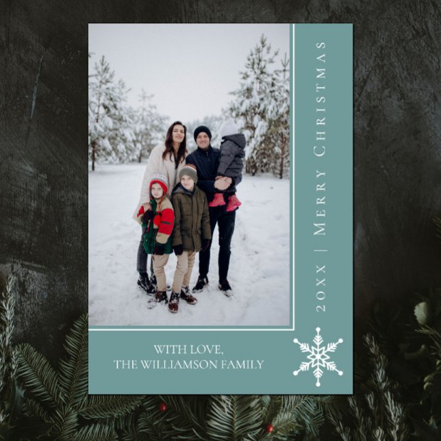 Festiva Tarjeta fotográfica simple de Snowflake para Navid (Teal Simple Snowflake Christmas Photo Card)