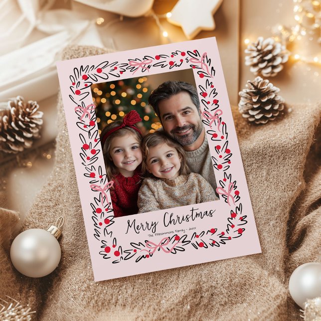 Festiva Tarjeta fotográfica Wreath and Bows de Navidades p (Whimsical Christmas Wreath holiday family photo card)