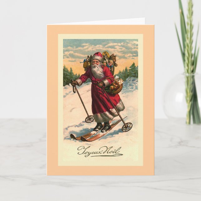 Festiva Tarjeta francesa de época "Santa on Skis" (Anverso)