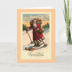 Festiva Tarjeta francesa de época "Santa on Skis"